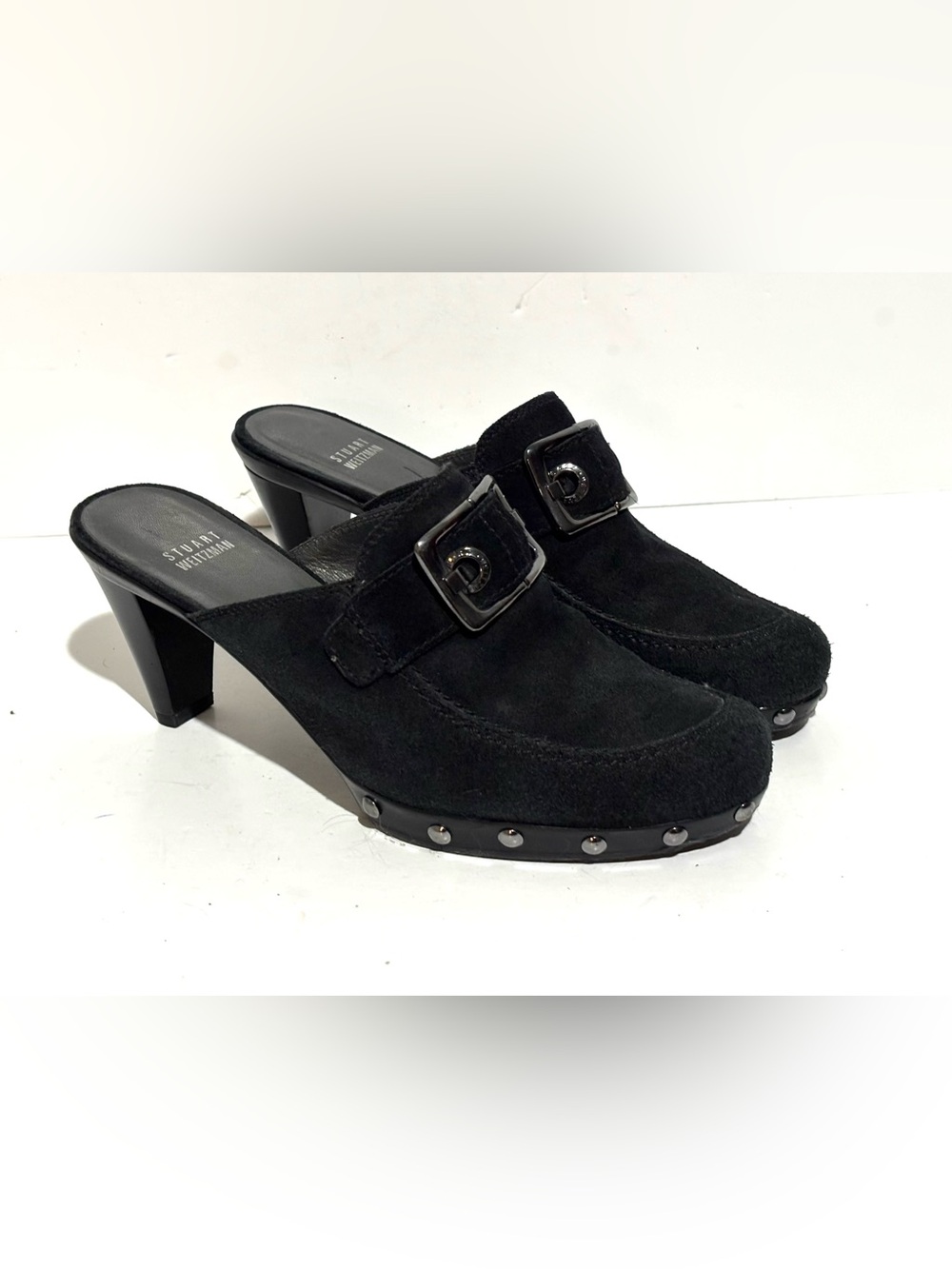 Stuart Weitzman Black Suede Studded Platform Heel Clog Mules Size 8.5